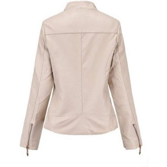 🆕Women Cream Trendy Faux Leather Jacket Moto Short Metal Zipper Fashion PU Coat - Picture 2 of 3
